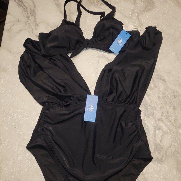 Cupshe Black Bikini Top & Plunging Ruched Swim Set – Size Large NWT - Picture 3 of 4